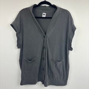NSF Womens 100% Cotton Button-Up Oversized Grey Wash Sleeveless Shirt Medium